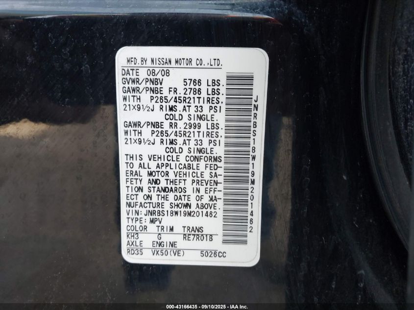 2009 Infiniti Fx50 VIN: JNRBS18W19M201462 Lot: 43166435