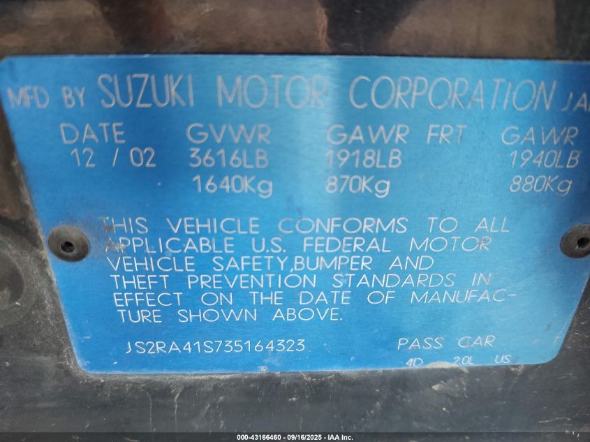 2003 Suzuki Aerio Gs/S VIN: JS2RA41S735164323 Lot: 43166460