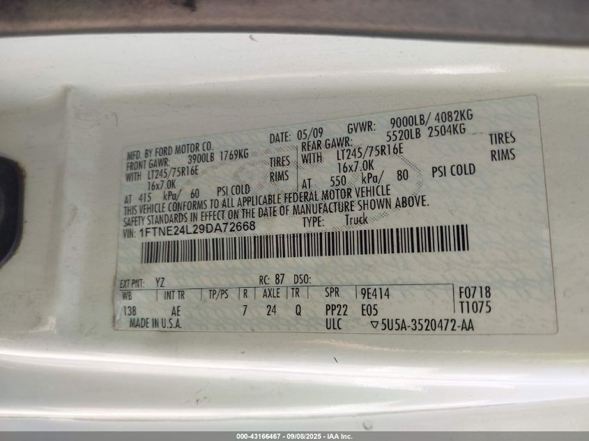 2009 Ford E-250 Commercial/Recreational VIN: 1FTNE24L29DA72668 Lot: 43166467