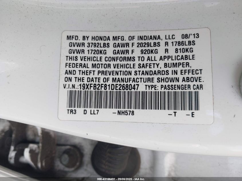 2013 Honda Civic Ex VIN: 19XFB2F81DE268047 Lot: 43166491