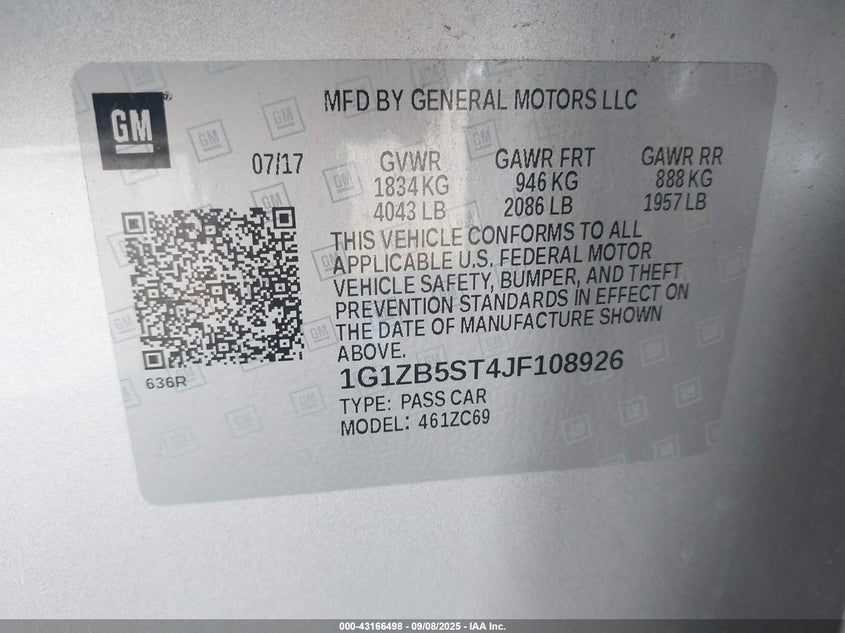 2018 Chevrolet Malibu 1Ls VIN: 1G1ZB5ST4JF108926 Lot: 43166498