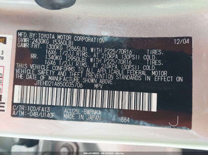 2005 Toyota Highlander VIN: JTEHD21A850035706 Lot: 43166502