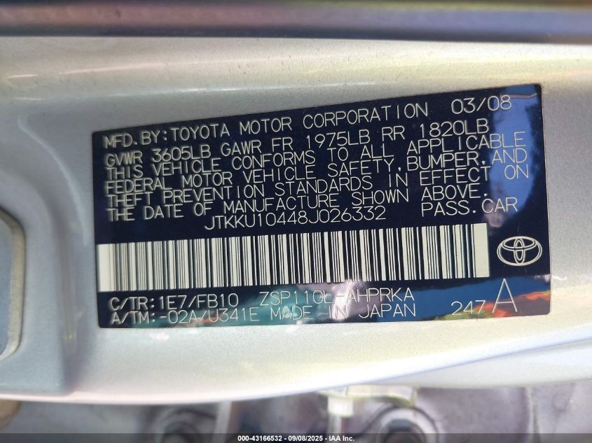 2008 Scion Xd VIN: JTKKU10448J026332 Lot: 43166532