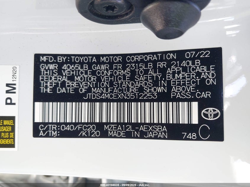 2022 TOYOTA COROLLA SE JTDS4MCEXN3512253