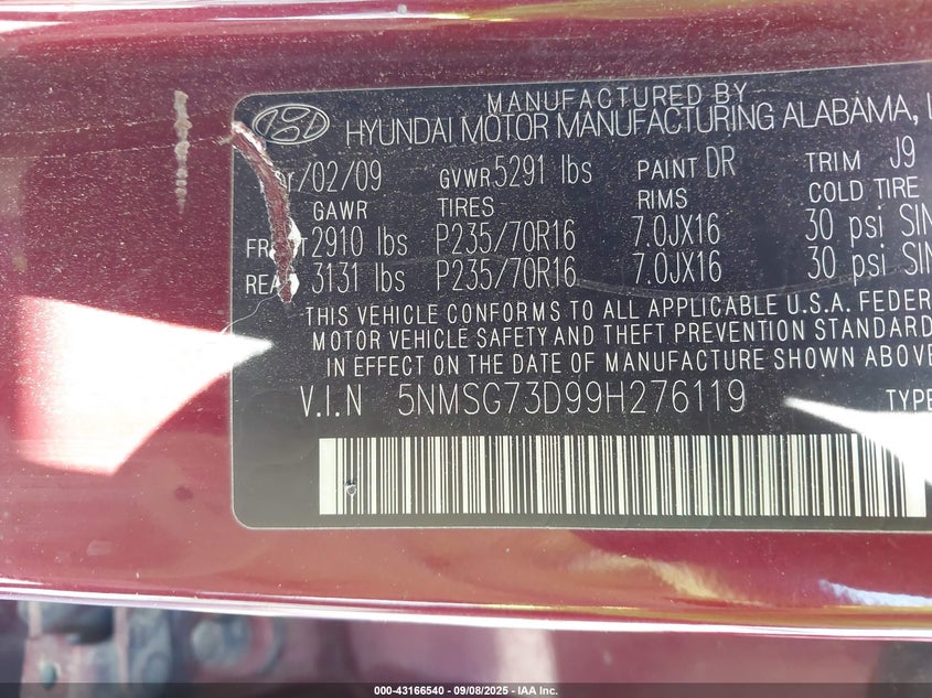 2009 Hyundai Santa Fe Gls VIN: 5NMSG73D99H276119 Lot: 43166540