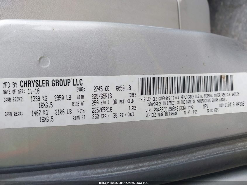 2010 Chrysler Town & Country Touring VIN: 2A4RR5D19AR491330 Lot: 43166555