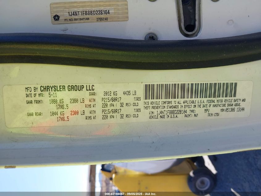 2011 Jeep Compass VIN: 1J4NT1FB8BD228104 Lot: 43166567