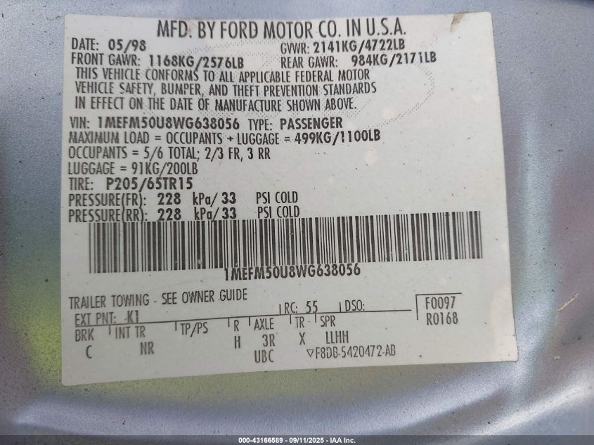 1998 Mercury Sable Gs/Ls VIN: 1MEFM50U8WG638056 Lot: 43166589