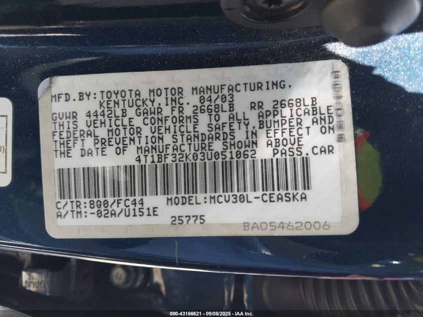 2003 Toyota Camry Le/Xle/Se VIN: 4T1BF32K03U051062 Lot: 43166621