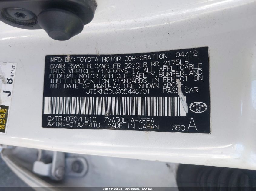 2012 Toyota Prius Three VIN: JTDKN3DUXC5448701 Lot: 43166633