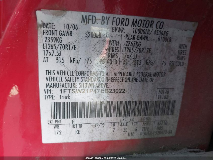 2007 Ford F-250 King Ranch/Lariat/Xl/Xlt VIN: 1FTSW21P47EB23022 Lot: 43166636