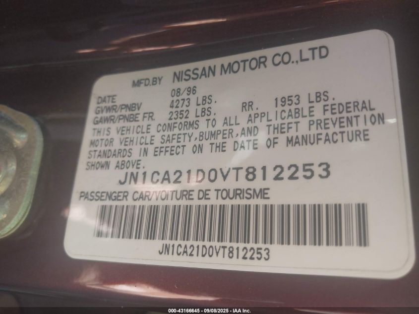 1997 Nissan Maxima VIN: UT010980892 Lot: 43166645