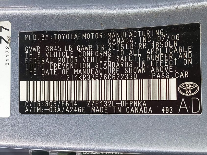 2006 Toyota Matrix Xr VIN: 2T1KR32E76C622330 Lot: 43166650