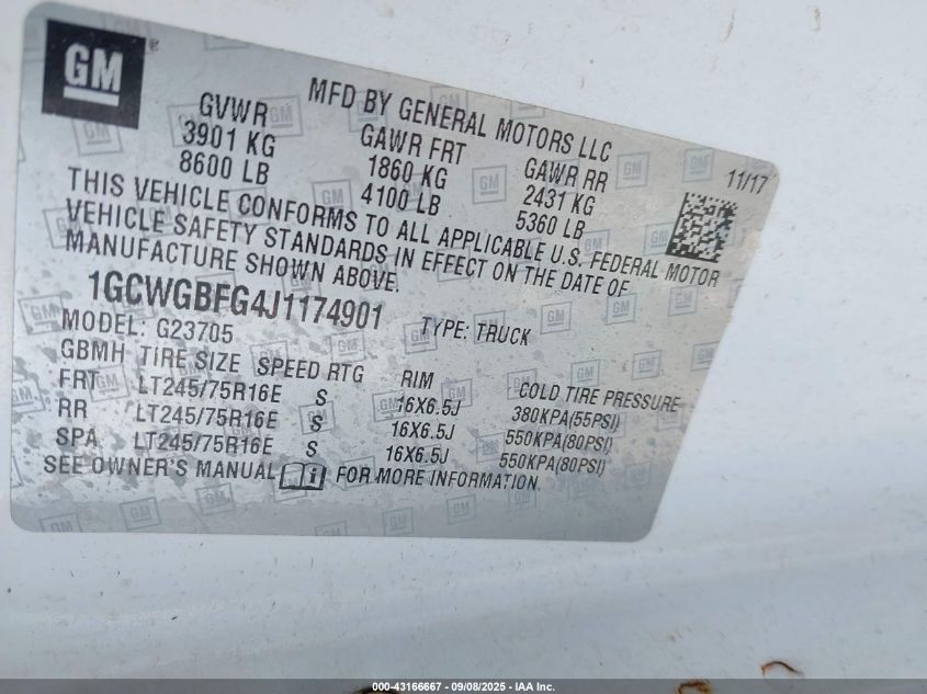 2018 Chevrolet Express 2500 Work Van VIN: 1GCWGBFG4J1174901 Lot: 43166667