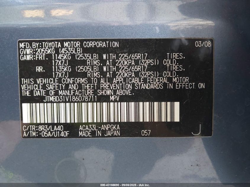 2008 Toyota Rav4 Limited VIN: JTMBD31V186078711 Lot: 43166690