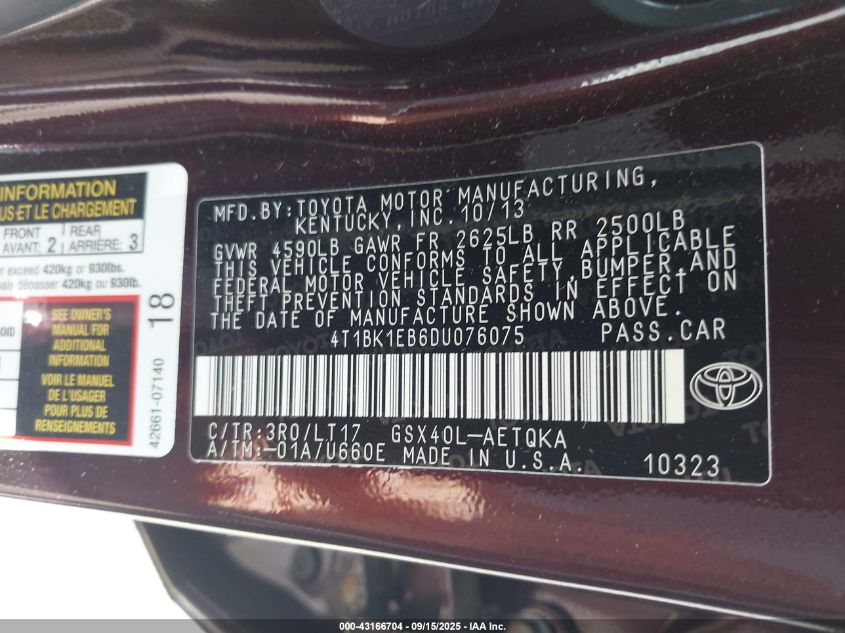 2013 Toyota Avalon Xle Touring VIN: 4T1BK1EB6DU076075 Lot: 43166704