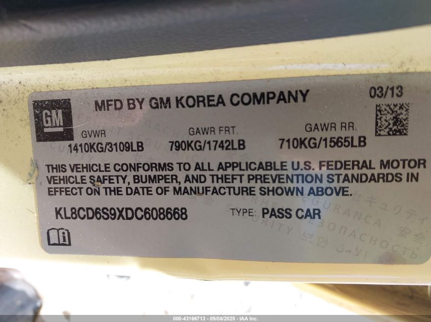 2013 Chevrolet Spark 1Lt Auto VIN: KL8CD6S9XDC608668 Lot: 43166713