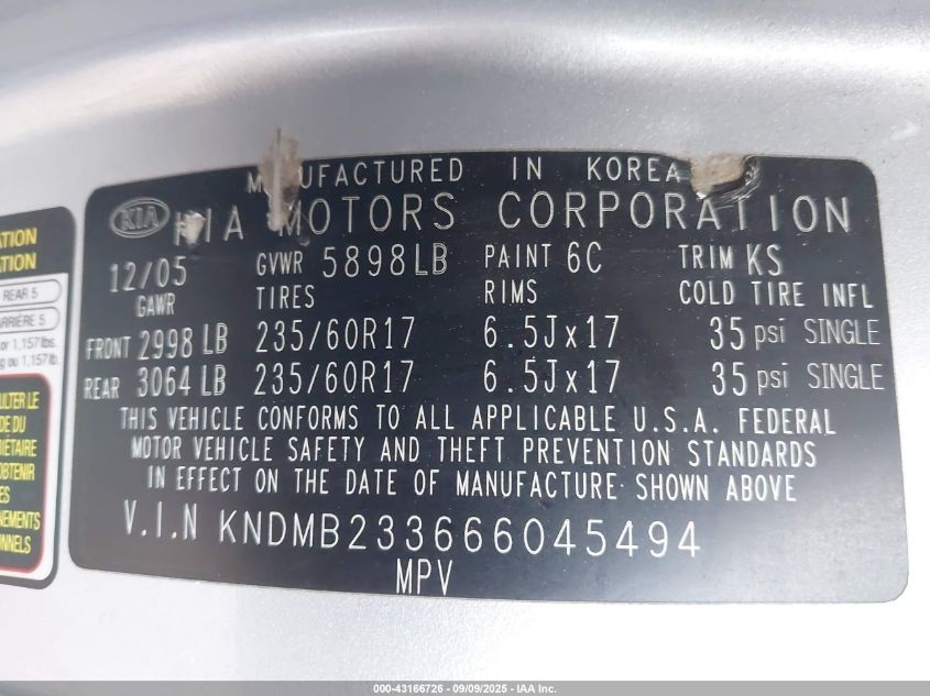 2006 Kia Sedona Ex/Lx VIN: KNDMB233666045494 Lot: 43166726