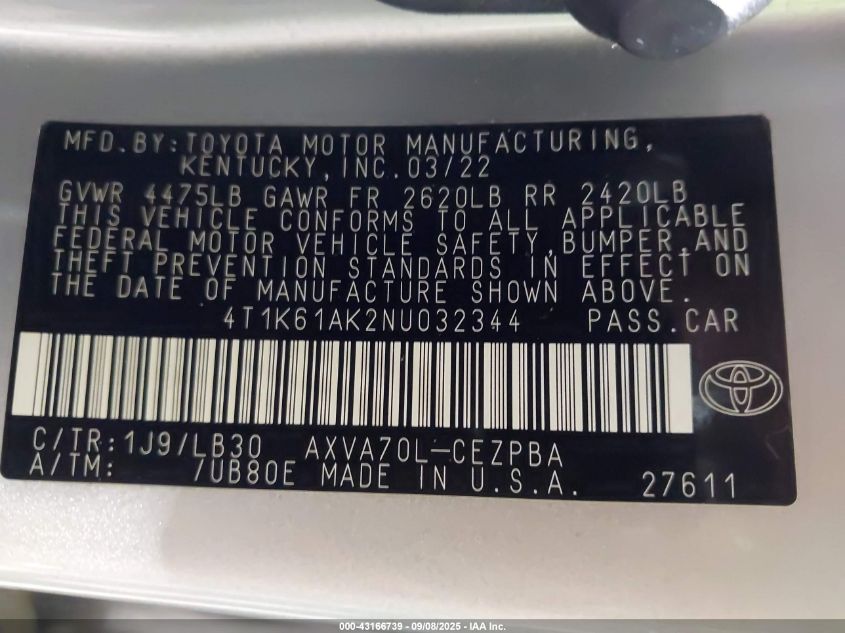 2022 Toyota Camry Xse VIN: 4T1K61AK2NU032344 Lot: 43166739