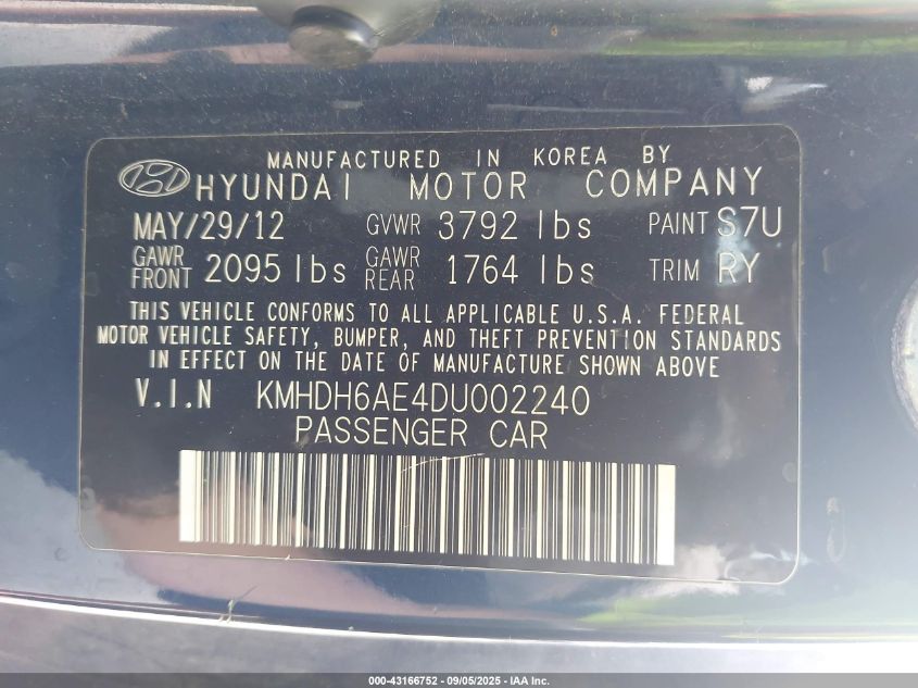 2013 Hyundai Elantra Se VIN: KMHDH6AE4DU002240 Lot: 43166752