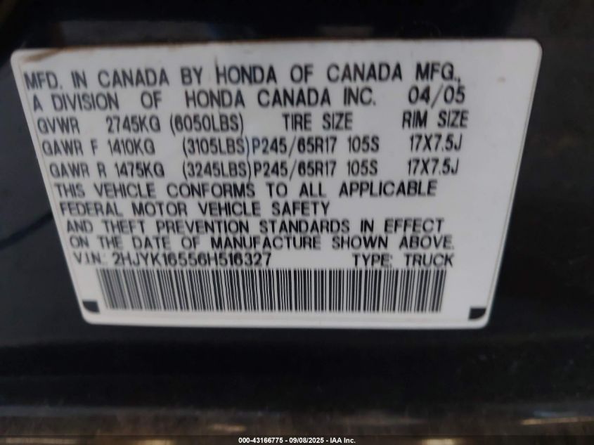 2006 Honda Ridgeline Rtl VIN: 2HJYK16556H516327 Lot: 43166775