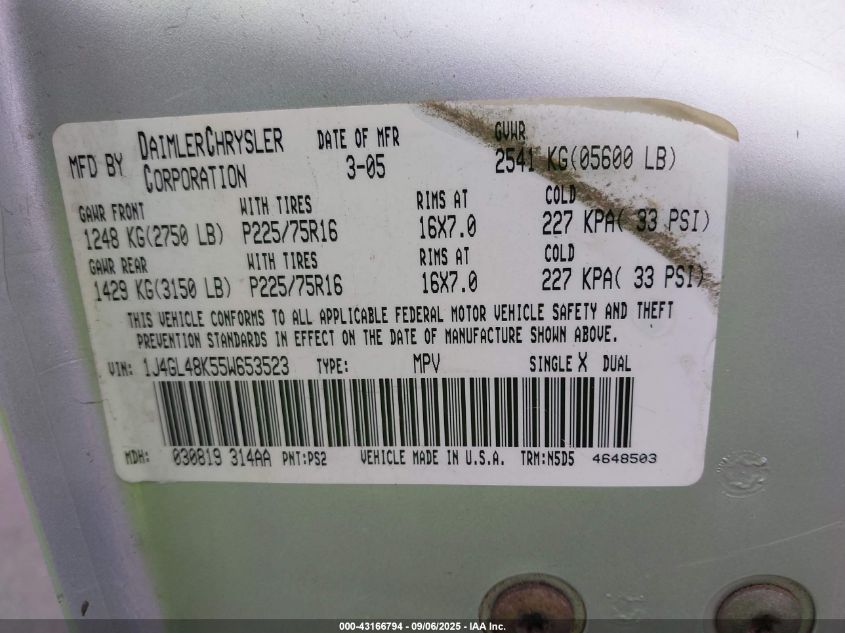 2005 Jeep Liberty Sport VIN: 1J4GL48K55W653523 Lot: 43166794