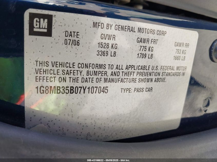 2007 Saturn Sky VIN: 1G8MB35B07Y107045 Lot: 43166822