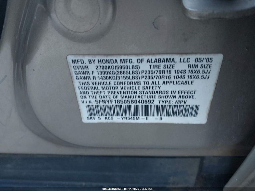 2005 Honda Pilot Ex-L VIN: 5FNYF18505B040692 Lot: 43166853