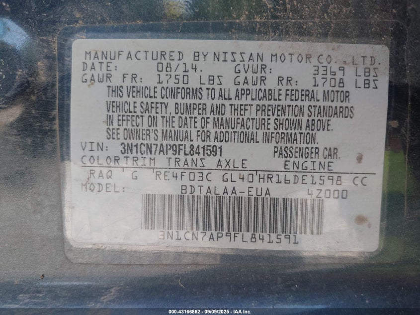 2015 NISSAN VERSA S/S PLUS/SV/SL - 3N1CN7AP9FL841591