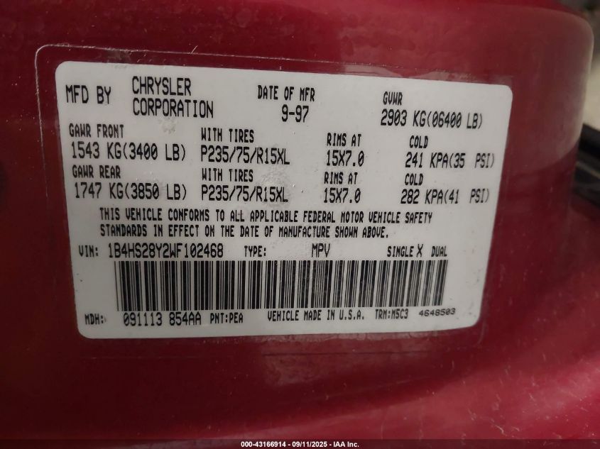1998 Dodge Durango Slt VIN: 1B4HS28Y2WF102468 Lot: 43166914
