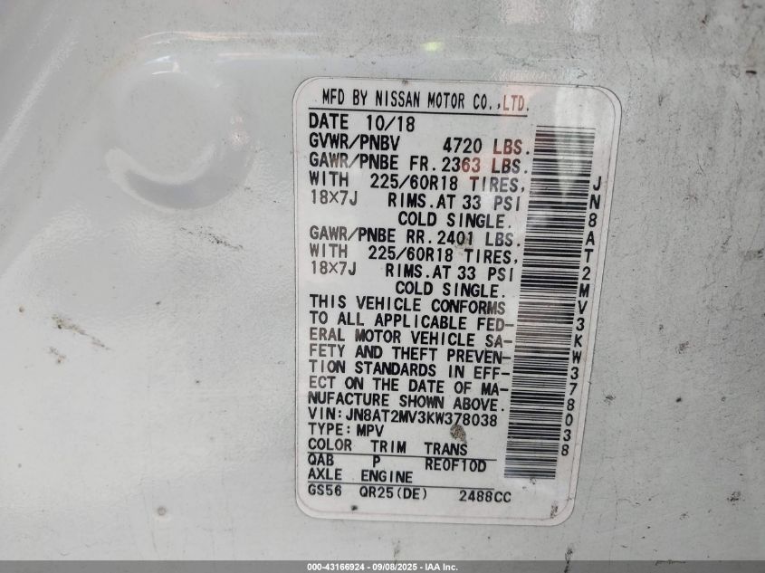 2019 Nissan Rogue Sv VIN: JN8AT2MV3KW378038 Lot: 43166924