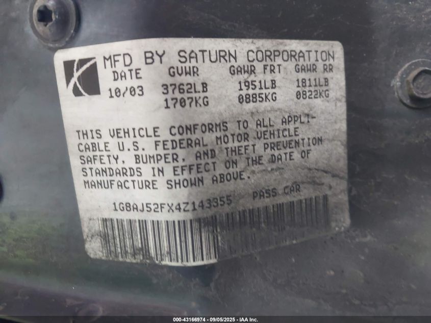 2004 Saturn Ion 2 VIN: 1G8AJ52FX4Z143355 Lot: 43166974