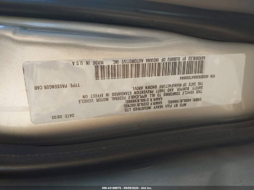 2004 Subaru Legacy L/L W/35Th Anniversary Edition VIN: 4S3BE625647203994 Lot: 43166978