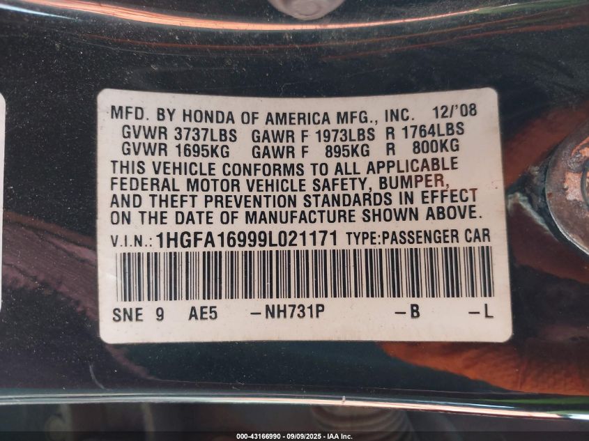 2009 Honda Civic Ex-L VIN: 1HGFA16999L021171 Lot: 43166990