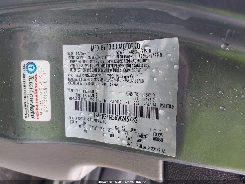 2006 Ford Focus Zx4 VIN: 1FAHP34N56W245782 Lot: 43166995