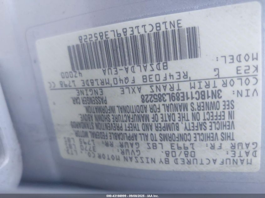 2009 Nissan Versa 1.8S VIN: 3N1BC11E89L385228 Lot: 43166999