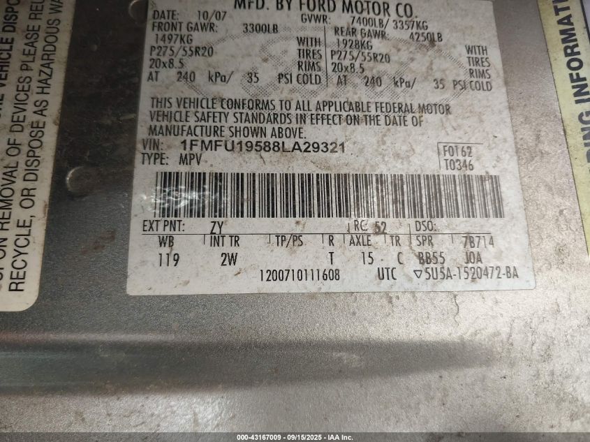 2008 Ford Expedition Limited VIN: 1FMFU19588LA29321 Lot: 43167009