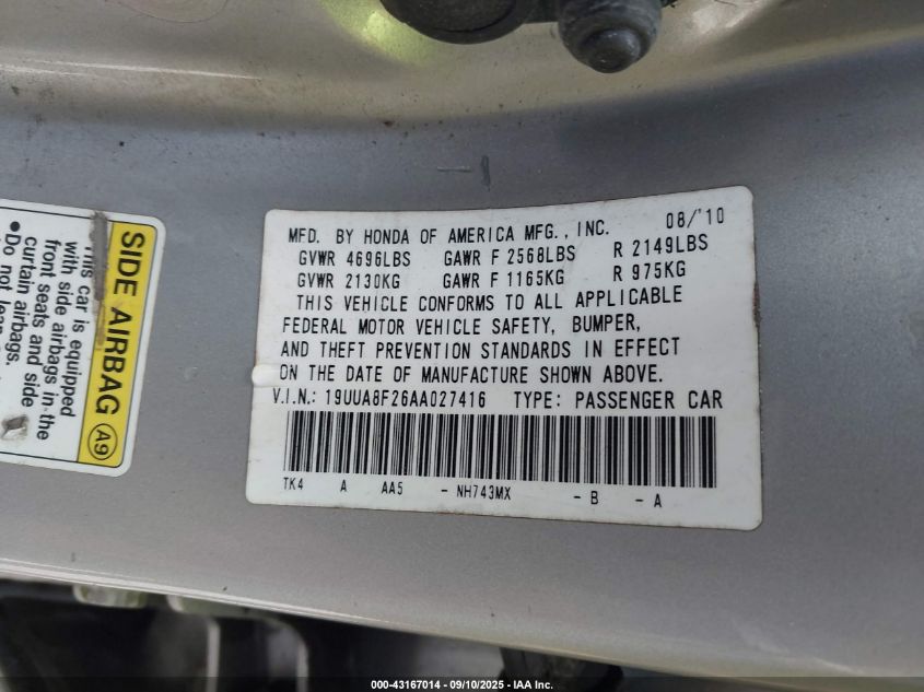 2010 Acura Tl 3.5 VIN: 19UUA8F26AA027416 Lot: 43167014