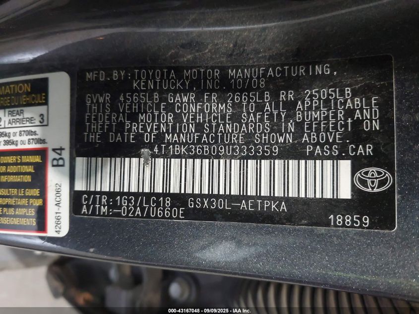 2009 Toyota Avalon Limited VIN: 4T1BK36B09U333359 Lot: 43167048