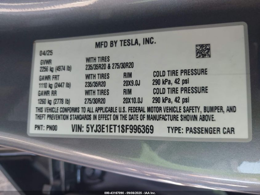 2025 Tesla Model 3 Performance VIN: 5YJ3E1ET1SF996369 Lot: 43167090