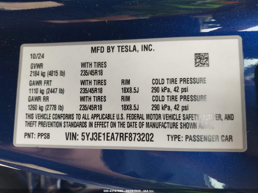 2024 Tesla Model 3 Long Range Dual Motor All-wheel Drive rear-wheel Drive Blue Lot 111043167095 Vin 5YJ3E1EA7RF873202