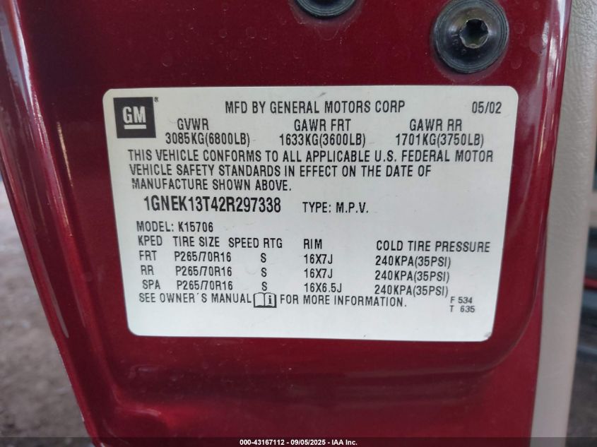 2002 Chevrolet Tahoe Lt VIN: 1GNEK13T42R297338 Lot: 43167112