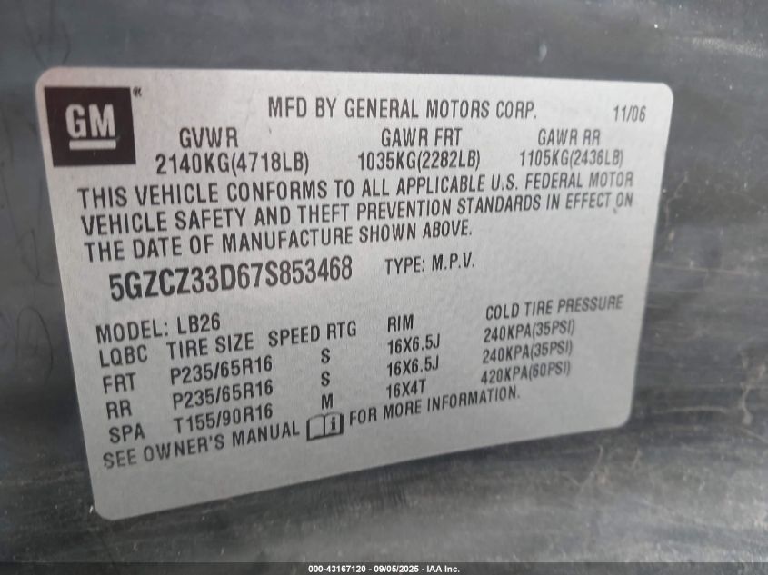 2007 Saturn Vue 4 Cyl VIN: 5GZCZ33D67S853468 Lot: 43167120