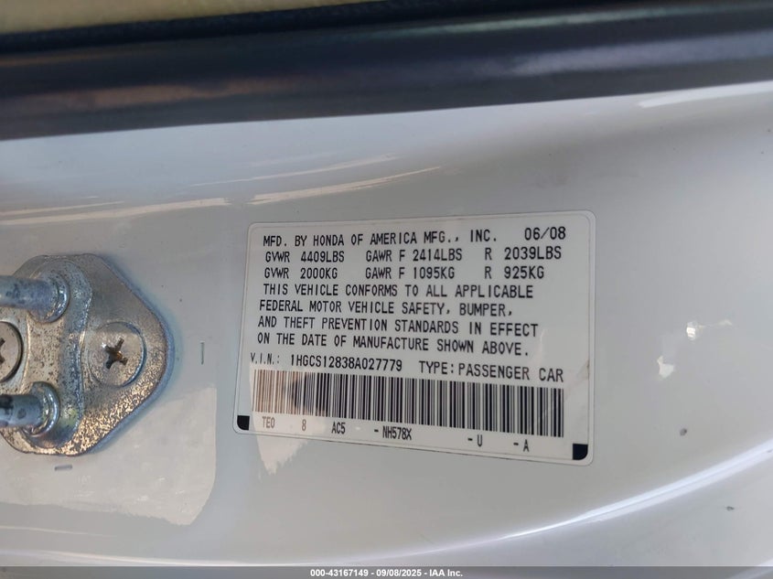 1HGCS12838A027779 2008 HONDA ACCORD photo no. 9