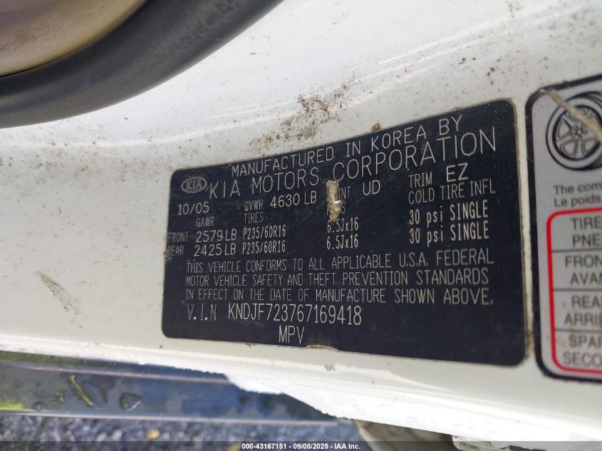 2006 Kia Sportage Ex V6/Lx V6 VIN: KNDJF723767169418 Lot: 43167151