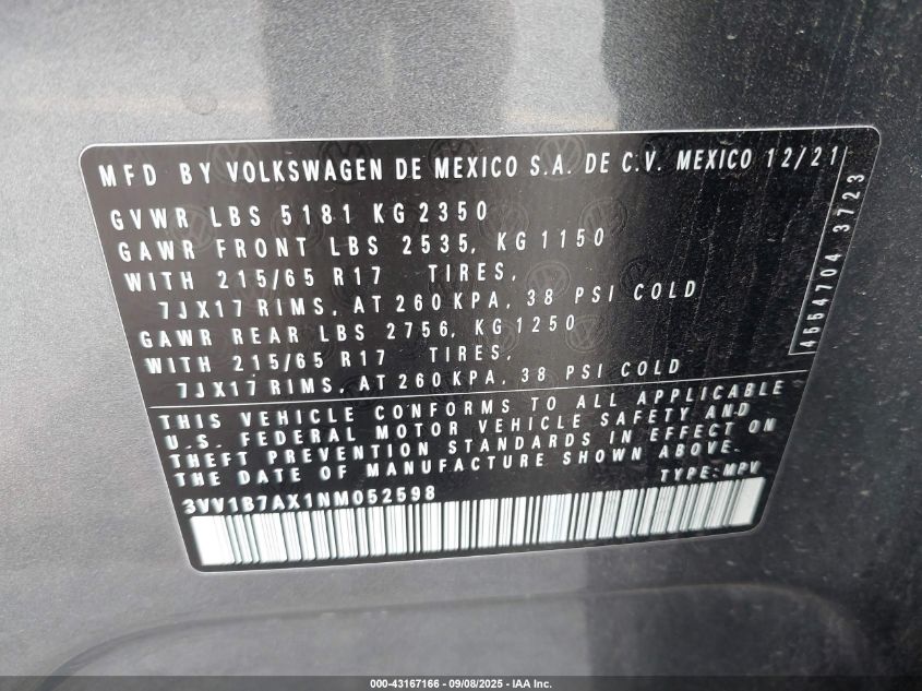 2022 Volkswagen Tiguan 2.0T S VIN: 3VV1B7AX1NM052598 Lot: 43167166