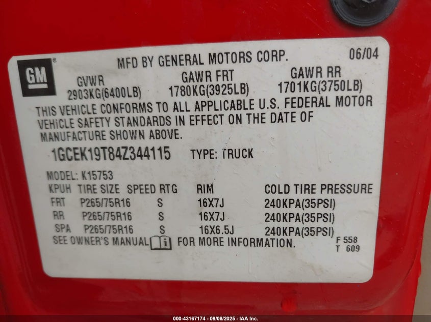 2004 Chevrolet Silverado 1500 Z71 VIN: 1GCEK19T84Z344115 Lot: 43167174