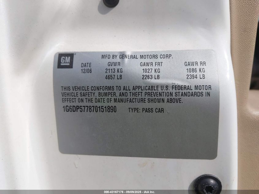 2007 Cadillac Cts Standard VIN: 1G6DP577870151890 Lot: 43167176