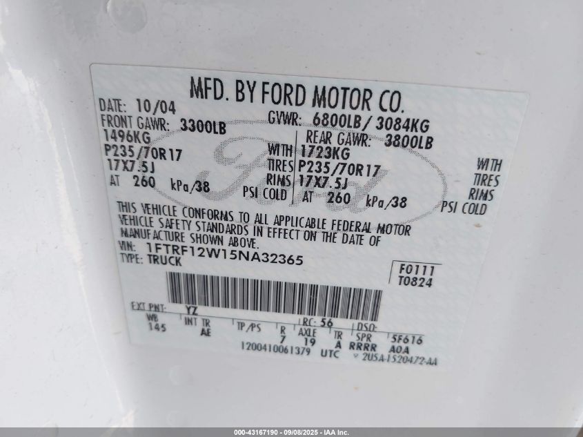 2005 Ford F-150 Stx/Xl/Xlt VIN: 1FTRF12W15NA32365 Lot: 43167190