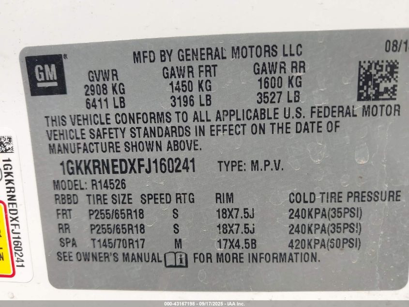 2015 GMC Acadia Sle-1 VIN: 1GKKRNEDXFJ160241 Lot: 43167198